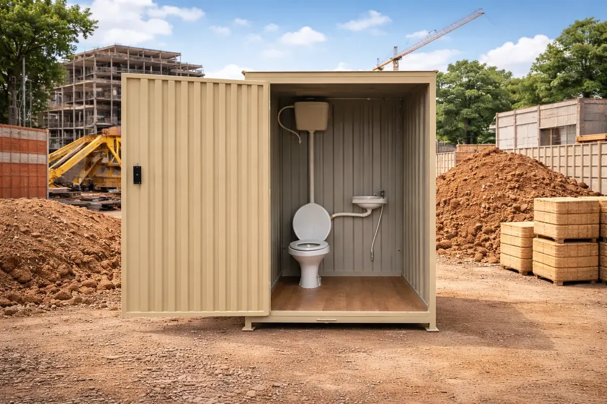 Módulo sanitário container para aluguel instalado em canteiro de obra