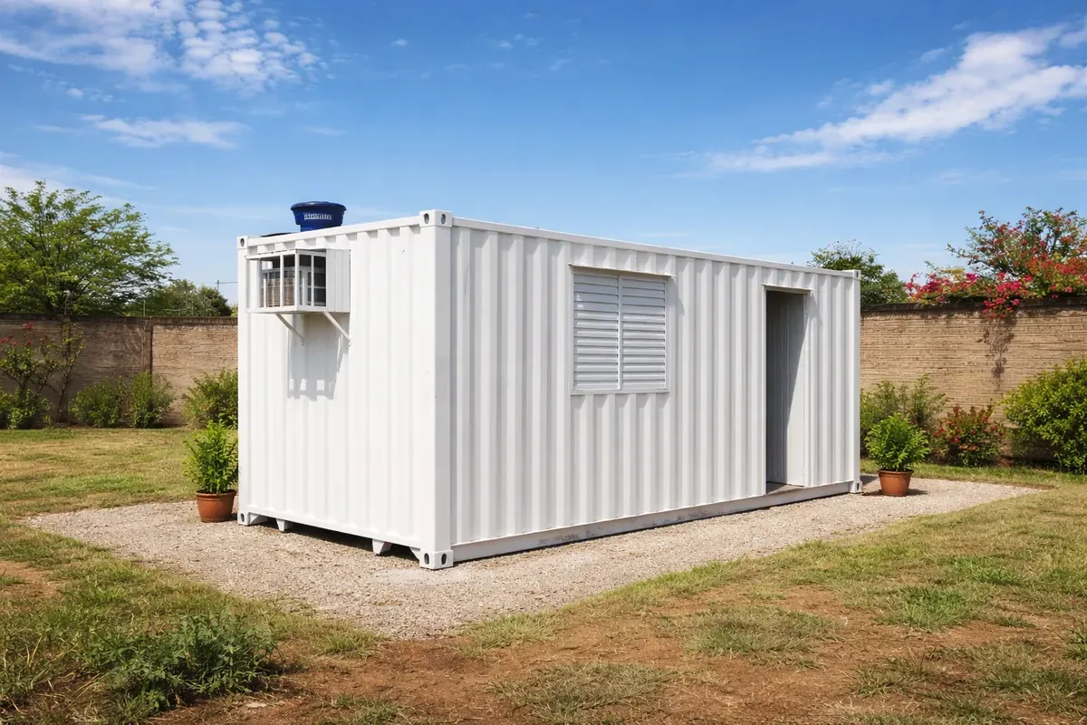 Container escritório alugado instalado sobre base de brita em terreno de Mato Grosso do Sul